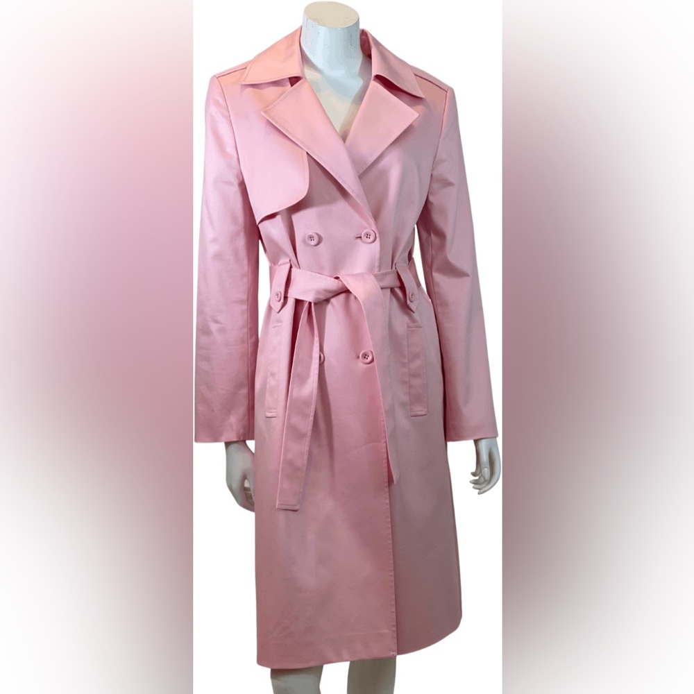 Tahari bubblegum pink tench coat with double-breast buttons & tie belt